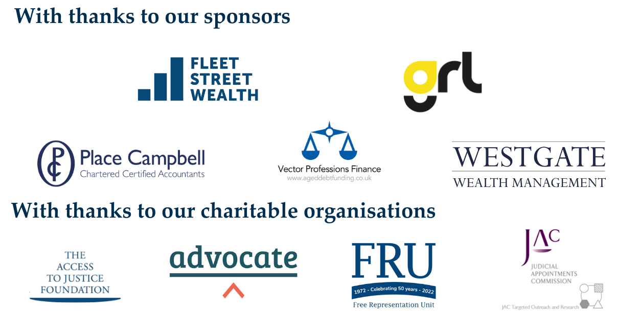 Logos for Fleet Street wealth GRL, Place Campbell, Vector, Westgate wealth The Access to Justice Foundation, Advocate and FRU