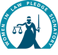 Women in law pledge signatory badge - logo. Graphic of lady justice with the text surrounding her. 
