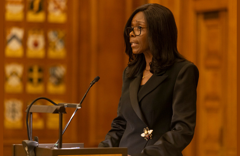 A photo of the Chair of the Bar, Barbara Mills KC, giving her inaugural speech