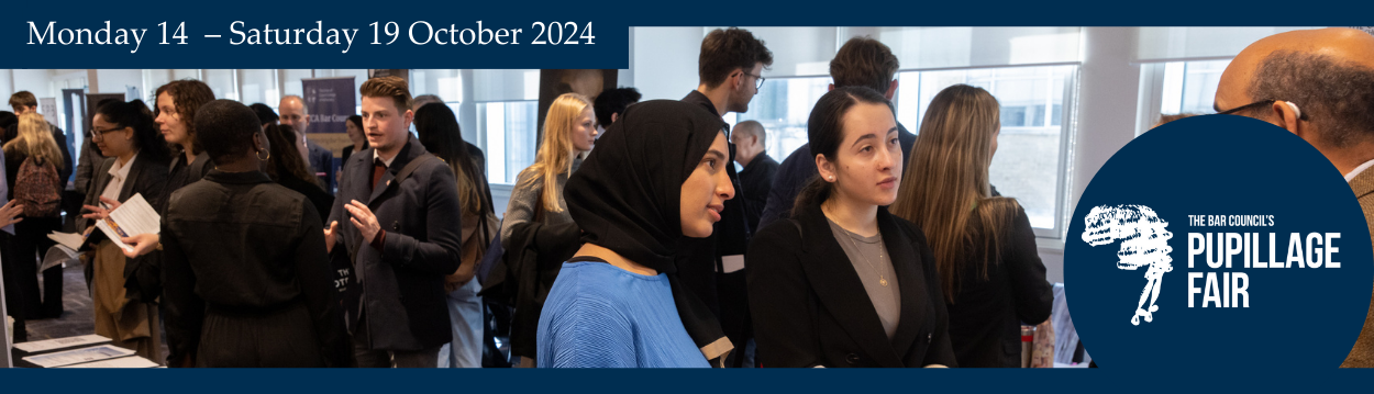 Photo of the Pupillage Fair with about 15 people in different groups in discussion in the exhibition area