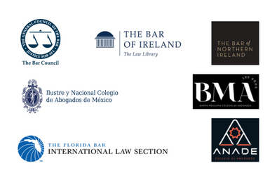 A series of logos: The Bar Council, Bar of Ireland, Bar of Northern Ireland, Florida Bar Association, the BMA, ANADE. INCAM, Faculty of Advocates