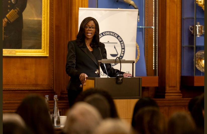 A photo of the Chair of the Bar, Barbara Mills KC, giving her inaugural speech