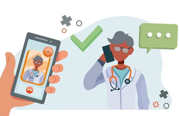 A graphic of a hand holding a phone calling someone in the foreground and a doctor speaking on a phone in the background