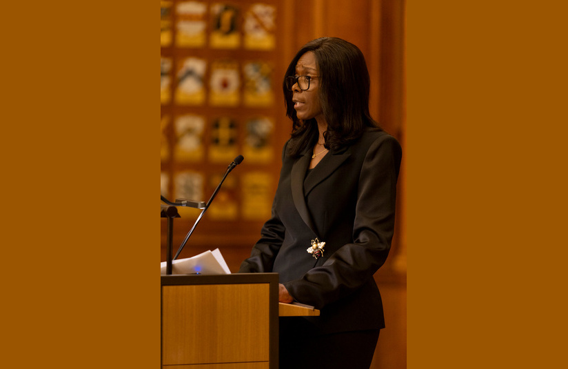 A photo of the Chair of the Bar, Barbara Mills KC, giving her inaugural speech