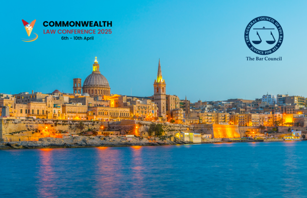 A photo of Malta Valetta at dusk with the CLA conference logo and the Bar Council logo overlayed