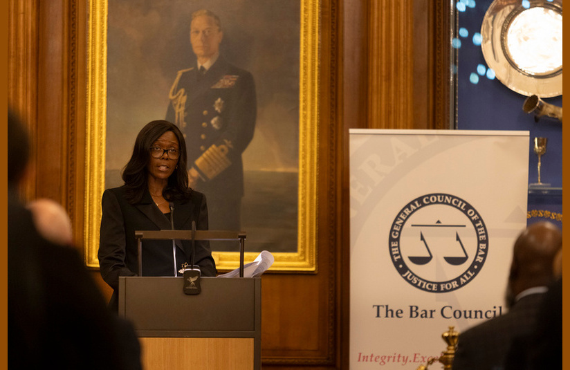 A photo of the Chair of the Bar, Barbara Mills KC, giving her inaugural speech